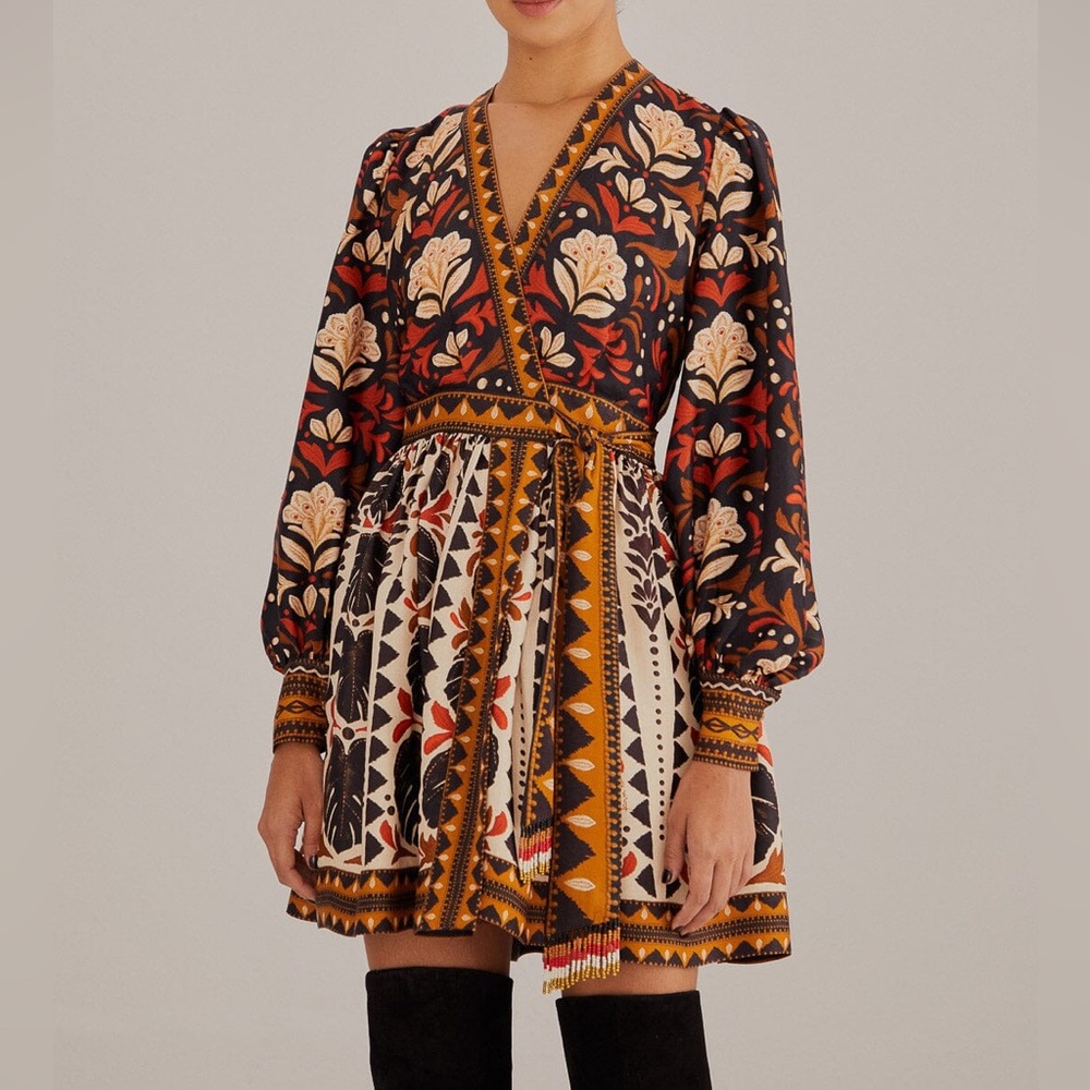 Farm Rio Tapestry Garden Multicolor V Neck Wrap Mini Dress NWT Medium - Picture 6 of 16